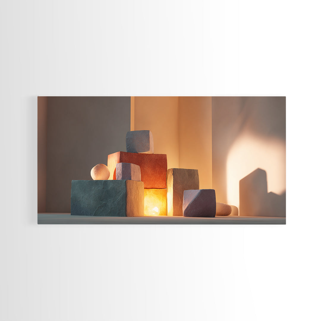 Sunlit Minimal Stone Blocks And Soft Shadows, Framed Canvas Print, Modern Wall Art, Neutral Decor, Bedroom Art Print, Home Office Decor