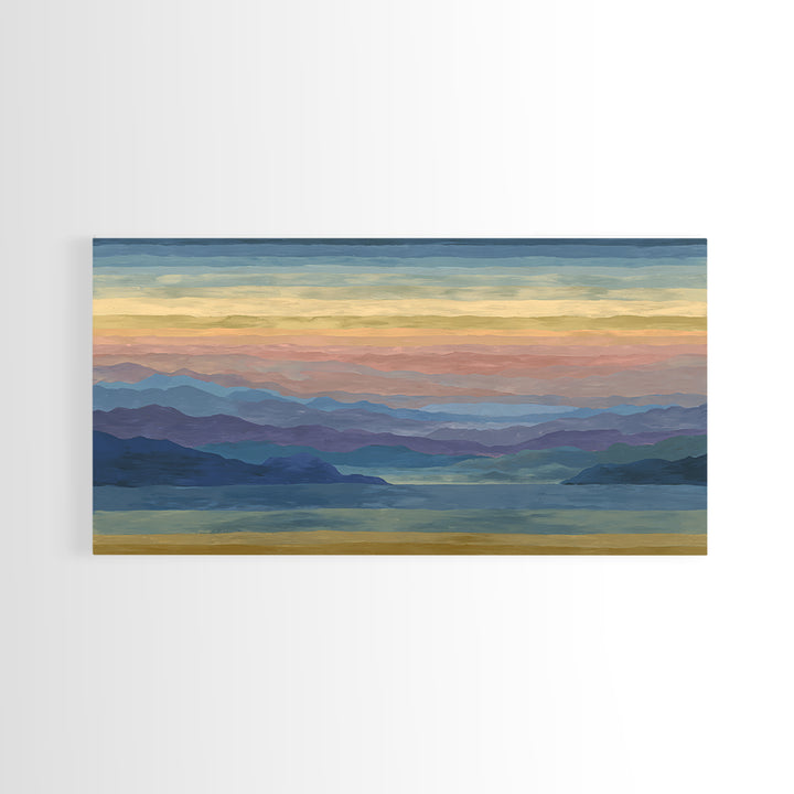 Pastel Mountain Lake Panorama Framed Canvas Print, Modern Wall Art, Scenic Nature Landscape, Bedroom And Office Decor, Home Decor