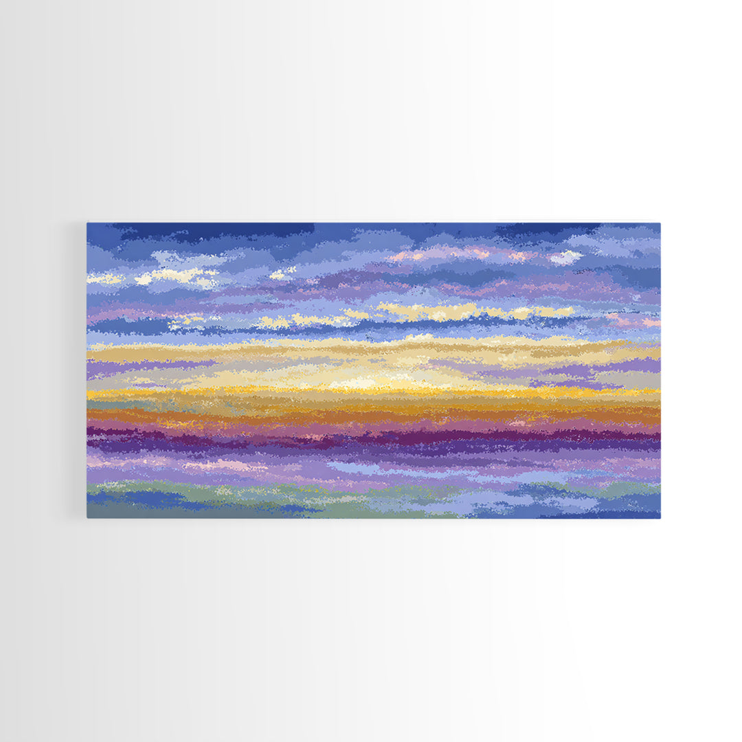 Soft Cloudy Sunset Sky Canvas Print, Pastel Blue Lavender Wall Art, Modern Nature Landscape, Calm Bedroom Decor, Office Decor