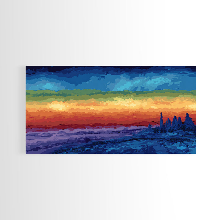 Dramatic Lake Sunset With Pine Silhouettes Framed Canvas Print, Blue Orange Landscape Wall Art, Rustic Cabin Decor, Lake House Decor