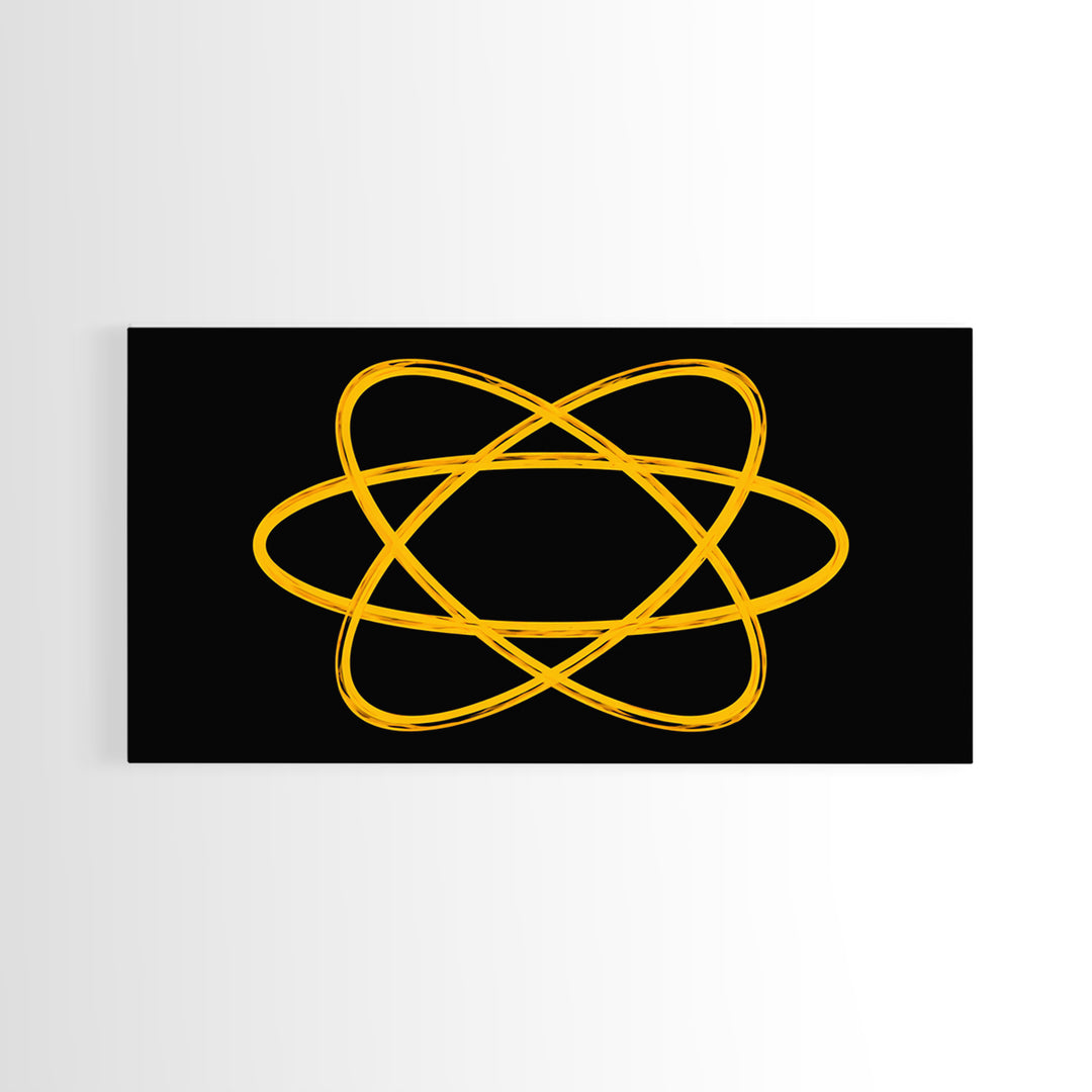Golden Atomic Orbit Lines On Black Canvas Print, Midcentury Modern Abstract Wall Art, Retro Space Poster, Office Decor, Geek Decor