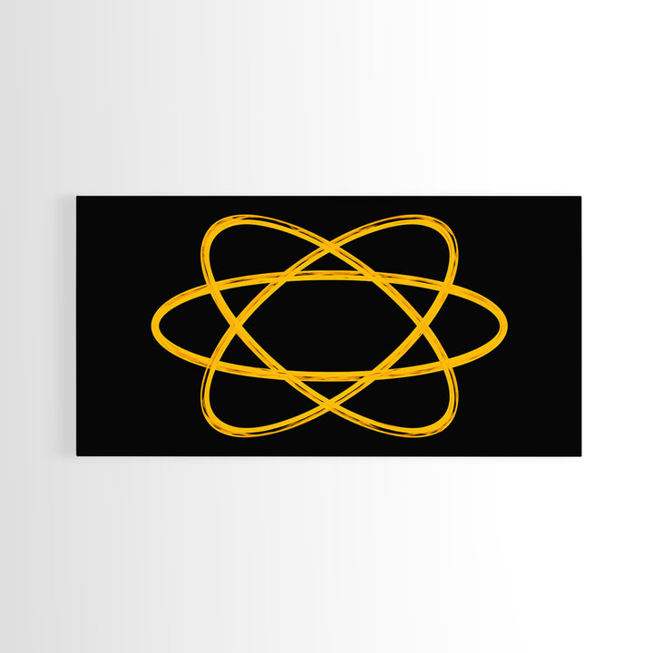 Golden Atomic Orbit Lines On Black Canvas Print, Midcentury Modern Abstract Wall Art, Retro Space Poster, Office Decor, Geek Decor