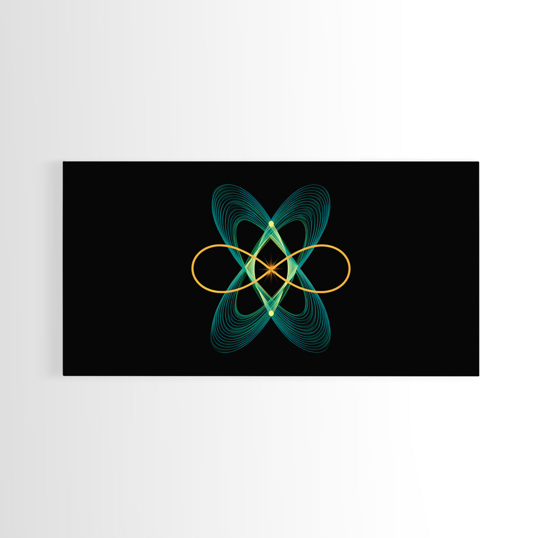 Teal And Gold Orbital Wave Lines Wall Art, Atomic Midcentury Modern Abstract Print, Black Retro Space Poster, Office Decor