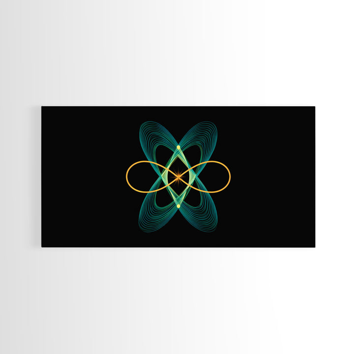 Teal And Gold Orbital Wave Lines Wall Art, Atomic Midcentury Modern Abstract Print, Black Retro Space Poster, Office Decor