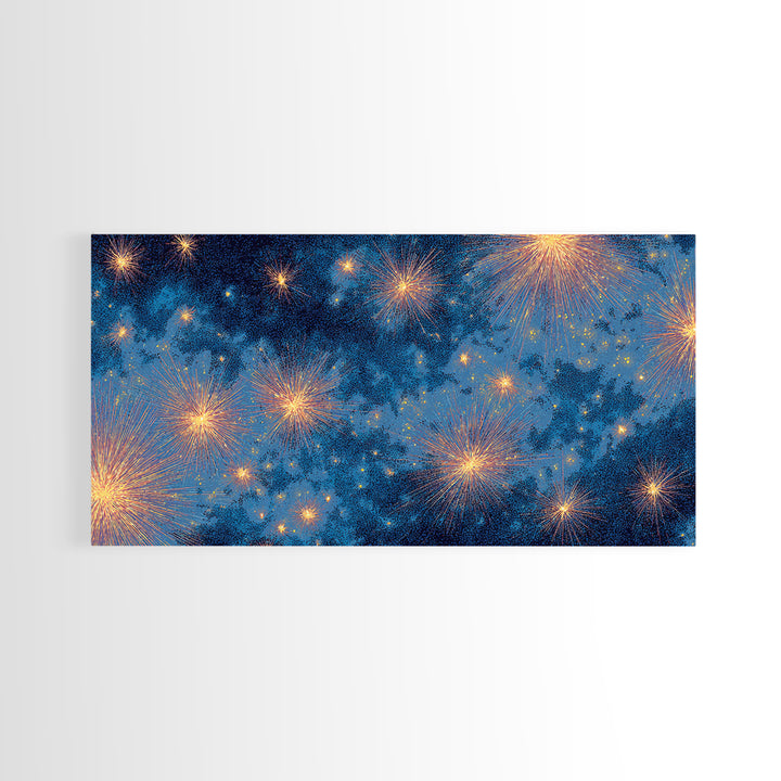 Blue Cloudy Fireworks Night Sky Canvas Print, Celestial Space Wall Art, Gold Stars Modern Decor For Bedroom Or Office Decor