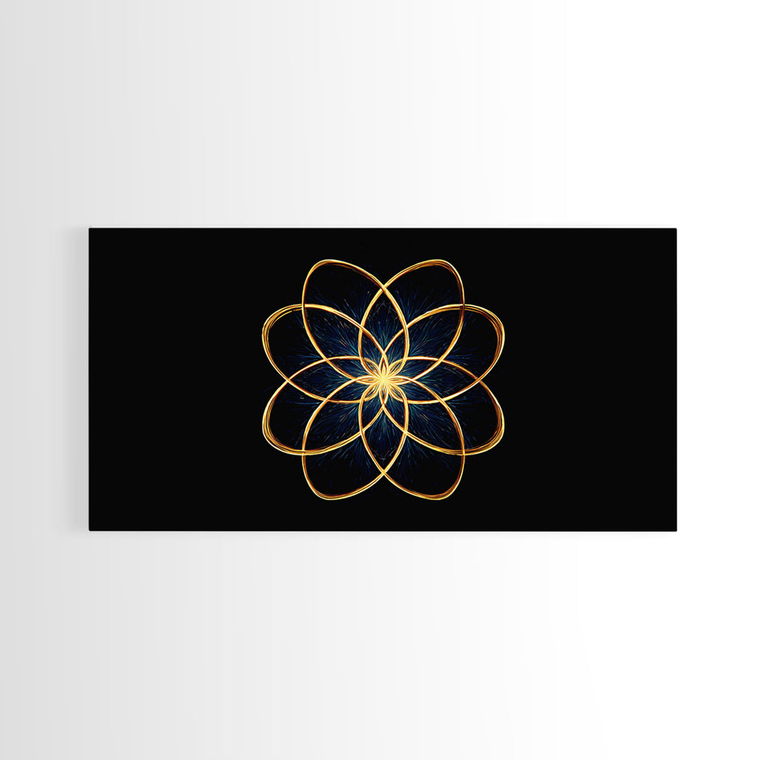 Gold Lotus Flower Line Art Canvas Print, Black And Gold Sacred Geometry Wall Decor, Spiritual Modern Abstract Artwork Gift