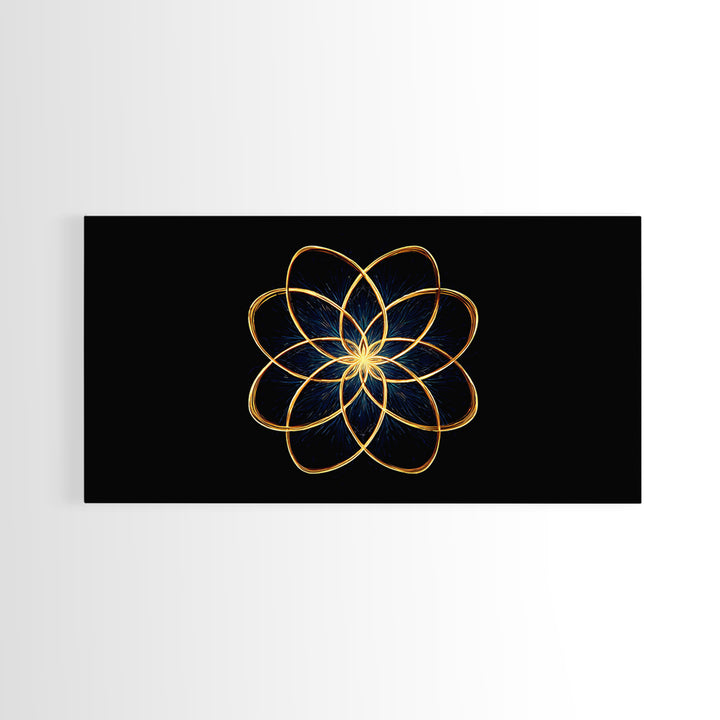 Gold Lotus Flower Line Art Canvas Print, Black And Gold Sacred Geometry Wall Decor, Spiritual Modern Abstract Artwork Gift