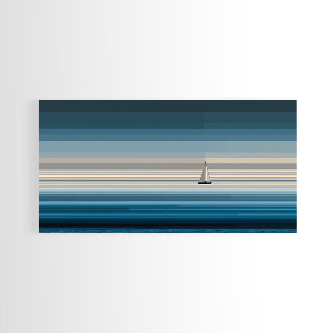 Minimal Sailboat Horizon Wall Art, Blue Ocean Seascape Print, Coastal Modern Wall Decor, Nautical Living Room Artwork Print