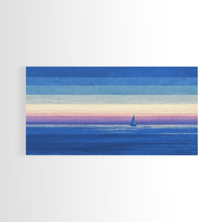 Blue Textured Sailboat Canvas Print, Ocean Sunset Seascape Wall Decor, Coastal Landscape Art For Bedroom And Lake House Decor