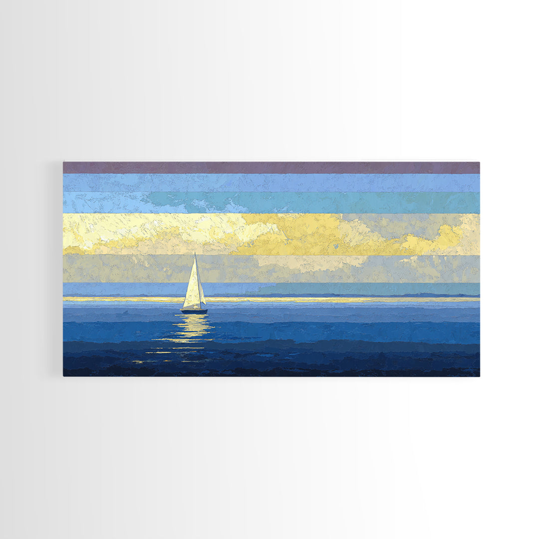 Sunlit Sailboat Seascape Framed Canvas Print, Blue Coastal Wall Art, Nautical Lake House Decor, Modern Ocean Artwork Print
