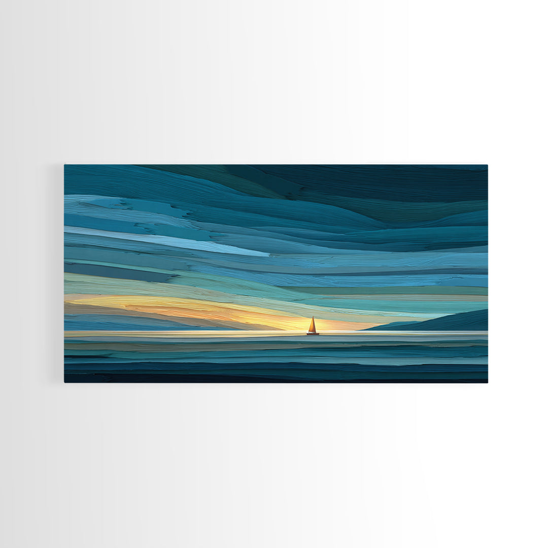 Teal Sunset Sailboat Wall Art, Dramatic Ocean Seascape Print, Coastal Modern Decor, Nautical Lake House Canvas Artwork Print
