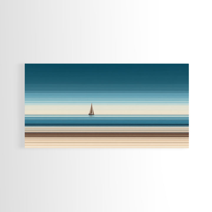 Minimalist Sailboat Horizon Canvas Print, Blue Beige Coastal Wall Art, Modern Nautical Decor For Living Room And Office Decor