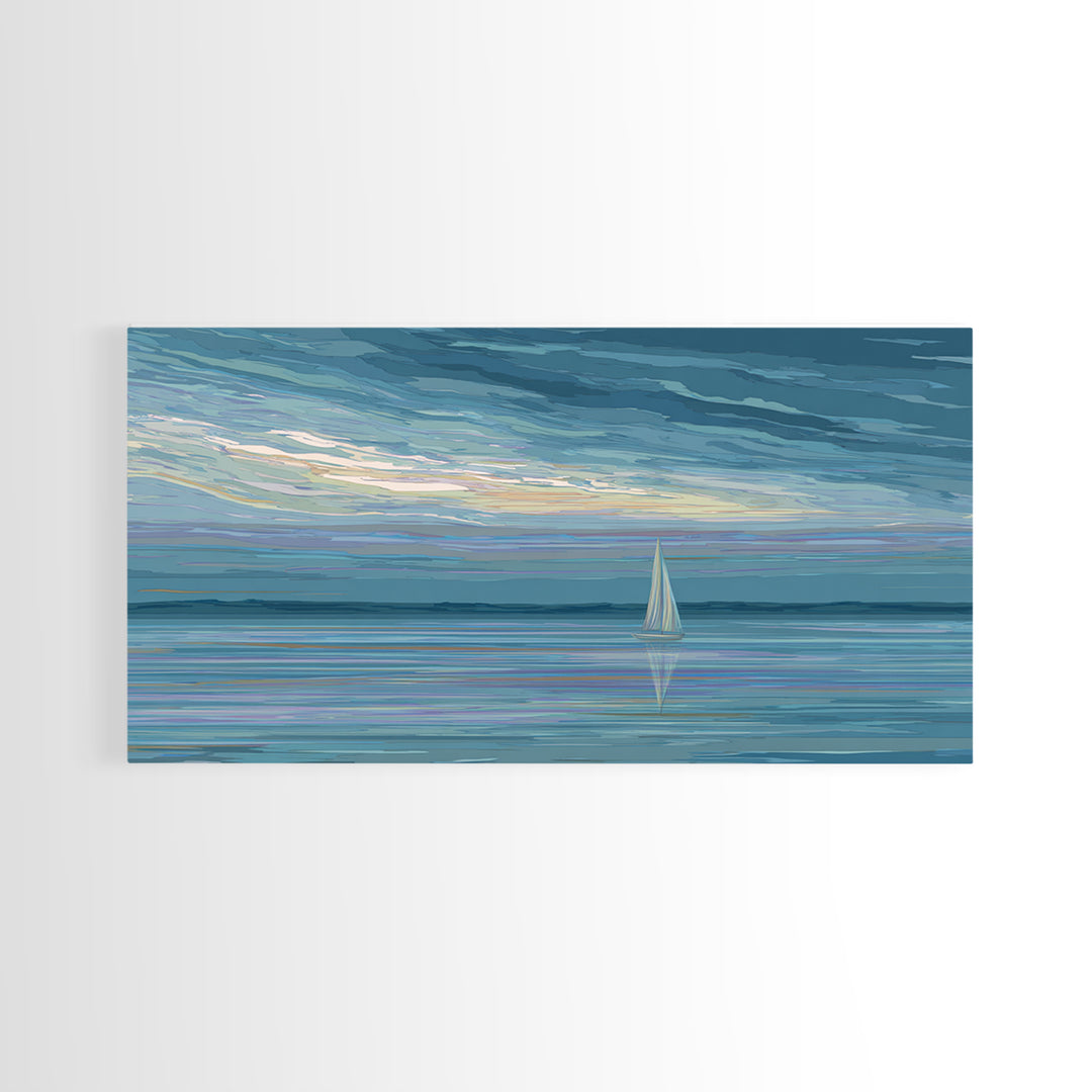 Painterly Sailboat Reflection Wall Art, Blue Coastal Seascape Print, Modern Ocean Decor, Nautical Landscape For Lake House