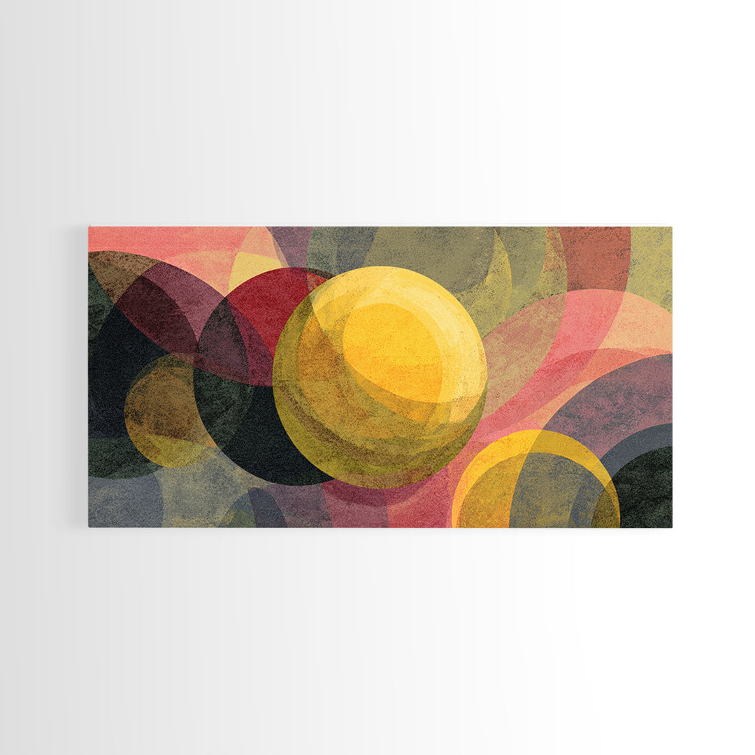 Layered Circles And Golden Orb Wall Art, Midcentury Modern Abstract Art, Retro Geometric Poster, Bold MCM Living Room Decor