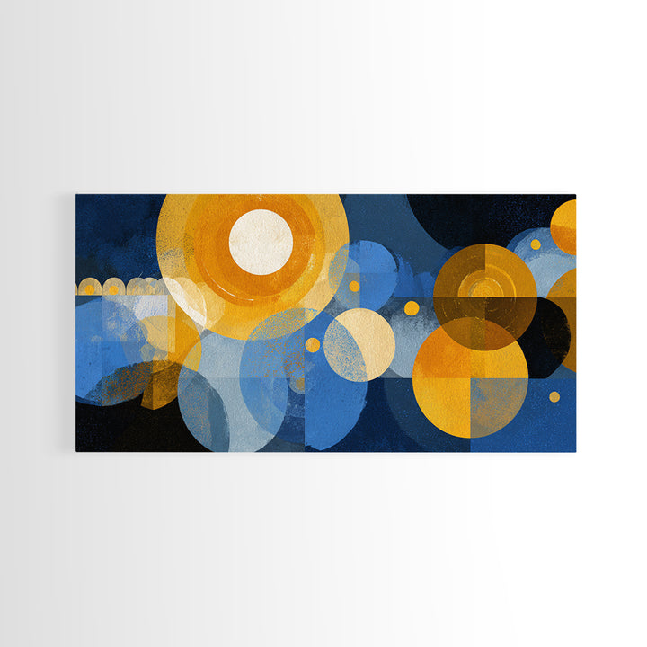 Blue Gold Atomic Circles Canvas Print, Midcentury Modern Wall Art, Geometric Abstract Poster, Retro Office Decor, MCM Home Art