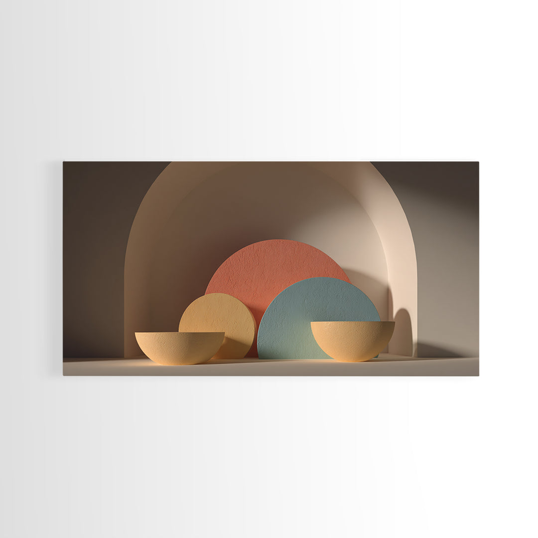 Minimalist Bowls In Arched Alcove Framed Canvas Print, Midcentury Modern Wall Art, Neutral Boho Decor, MCM Still Life Art