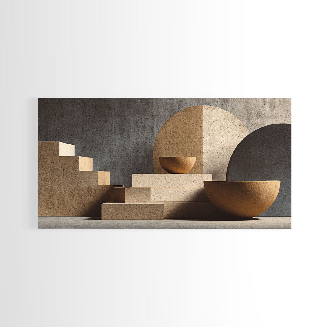 Architectural Stairs And Stone Bowls Wall Art, Framed Canvas Print, Midcentury Modern Decor, Neutral Abstract Home Office Art