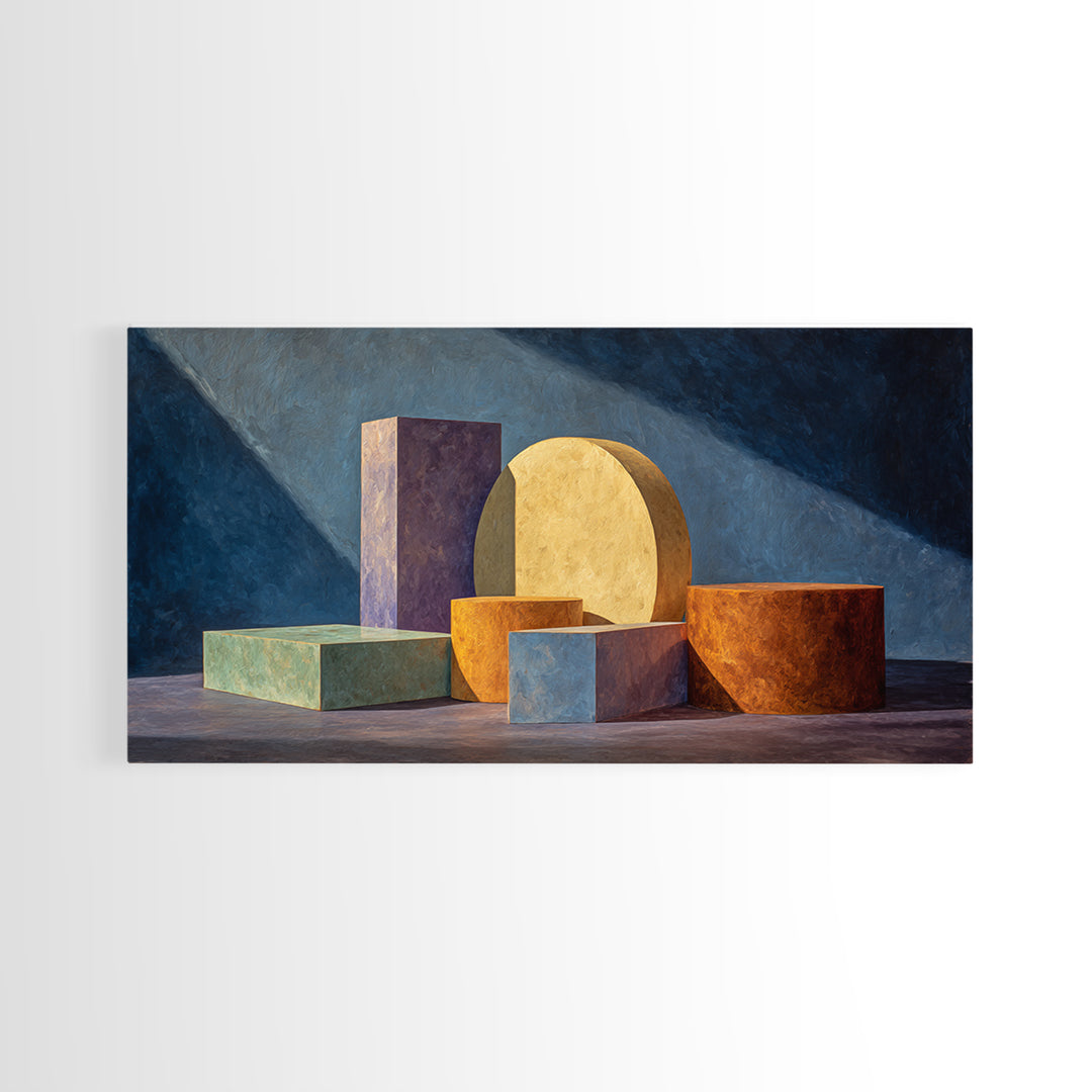 Colorful Blocks And Cylinders Still Life Wall Art, Framed Canvas Print, Modern Abstract Decor, Gallery Wall Office Poster