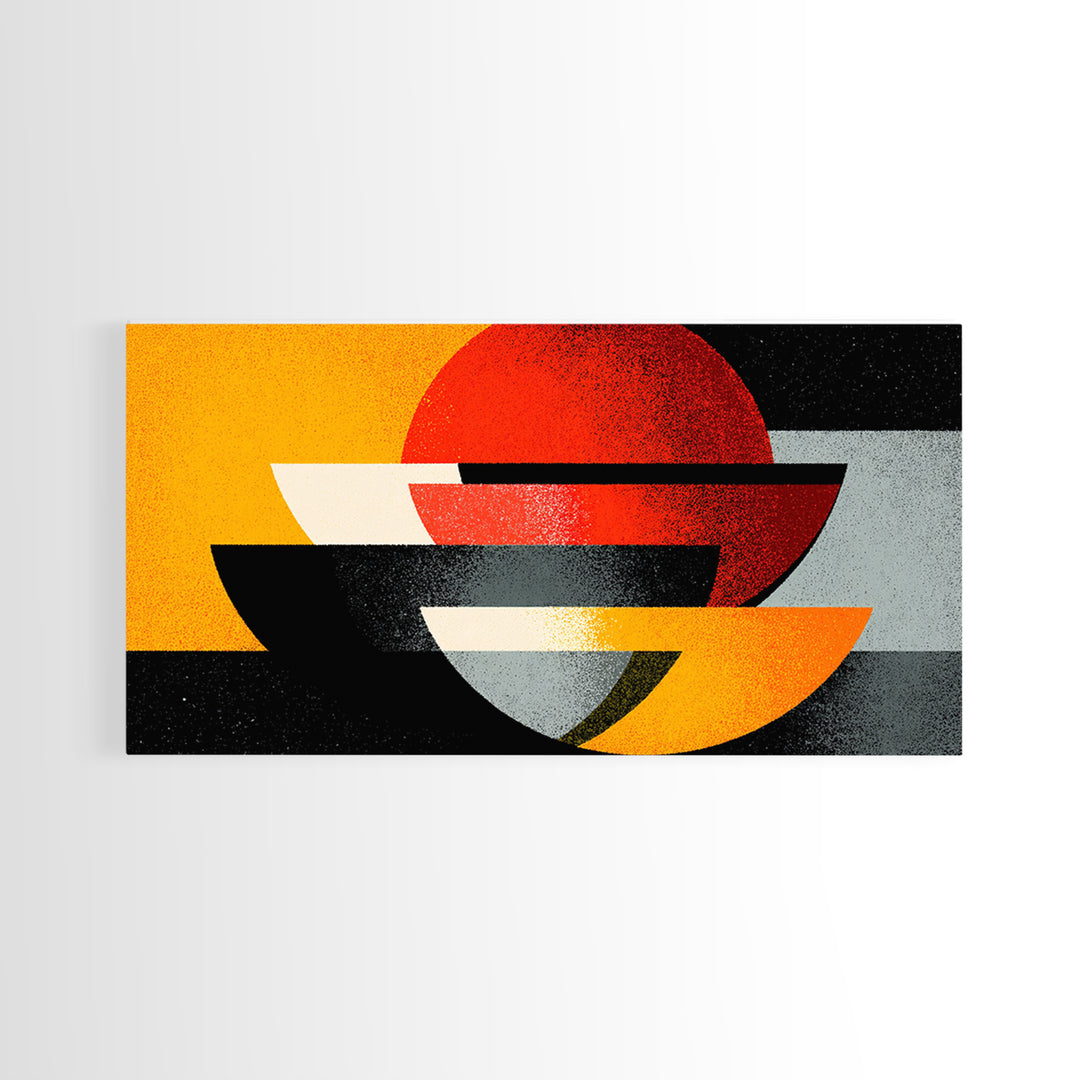 Red Sun And Black Bowls Wall Art, Midcentury Modern Canvas Print, Retro Geometric Abstract Poster, Orange MCM Home Decor