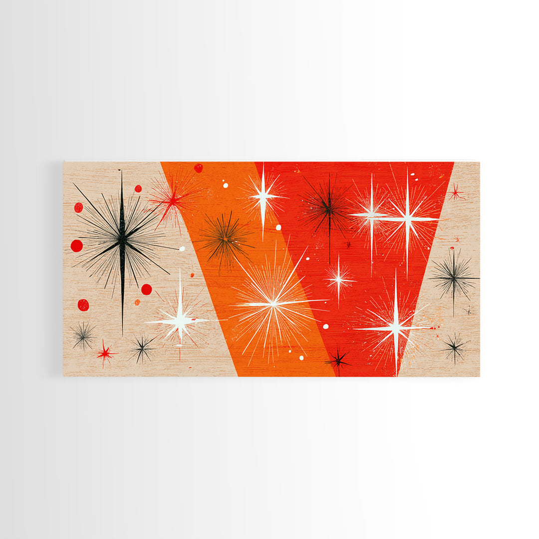 Orange Atomic Starburst Framed Canvas Print, Mid Century Modern Wall Decor, Retro Geometric Abstract Art For Bedroom Or Office