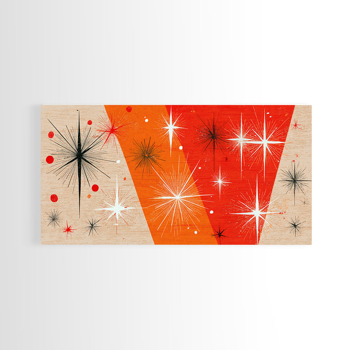 Orange Atomic Starburst Framed Canvas Print, Mid Century Modern Wall Decor, Retro Geometric Abstract Art For Bedroom Or Office