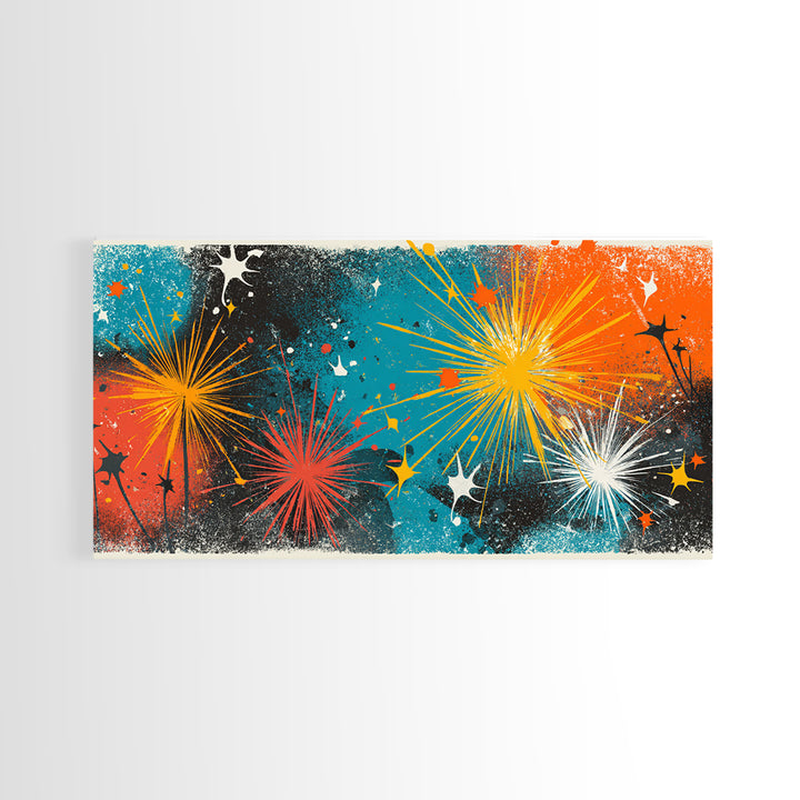 Teal Orange Splatter Starburst Wall Art, Atomic Mid Century Modern Decor, Retro Abstract Print For Living Room Or Office Decor