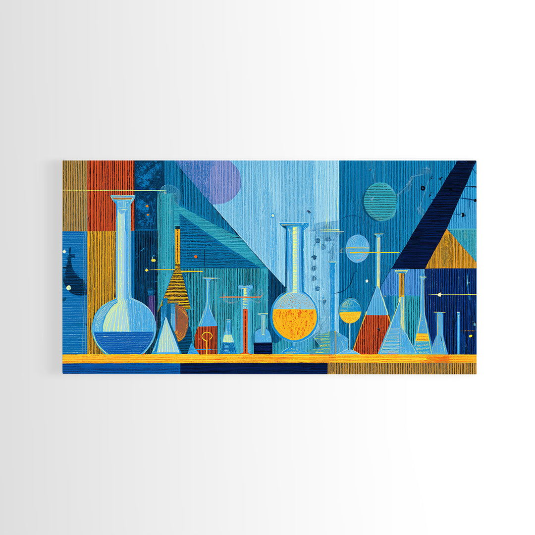 Blue Glass Chemistry Still Life Wall Art, Mid Century Modern Decor, Retro Science Canvas Print For Office Studio Or Kitchen