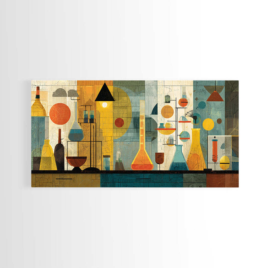 Yellow Teal Laboratory Still Life Framed Canvas Print, Mid Century Modern Wall Decor, Retro Science Art For Home Office Decor