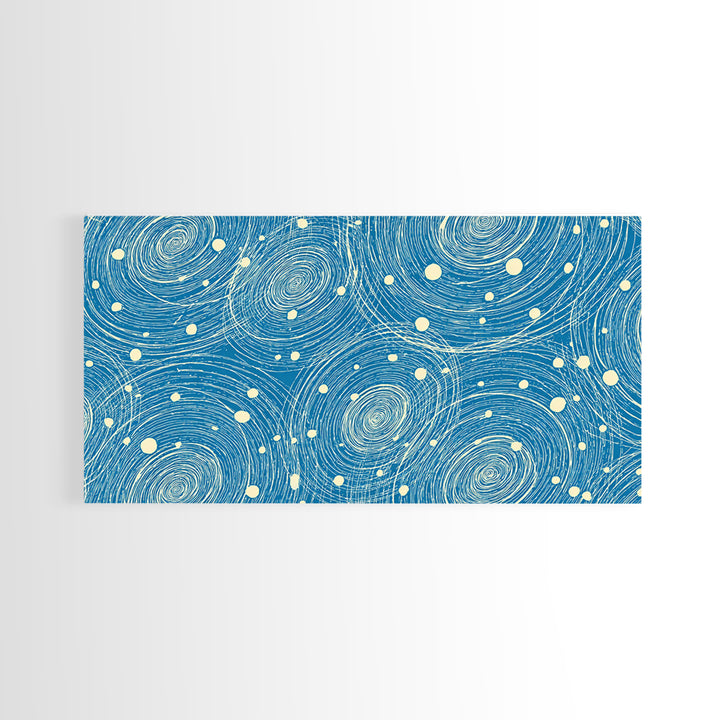 Blue Swirling Star Field Framed Canvas Print, Midcentury Modern Wall Art, Retro Abstract Poster, Cosmic Home Decor, MCM Office Decor