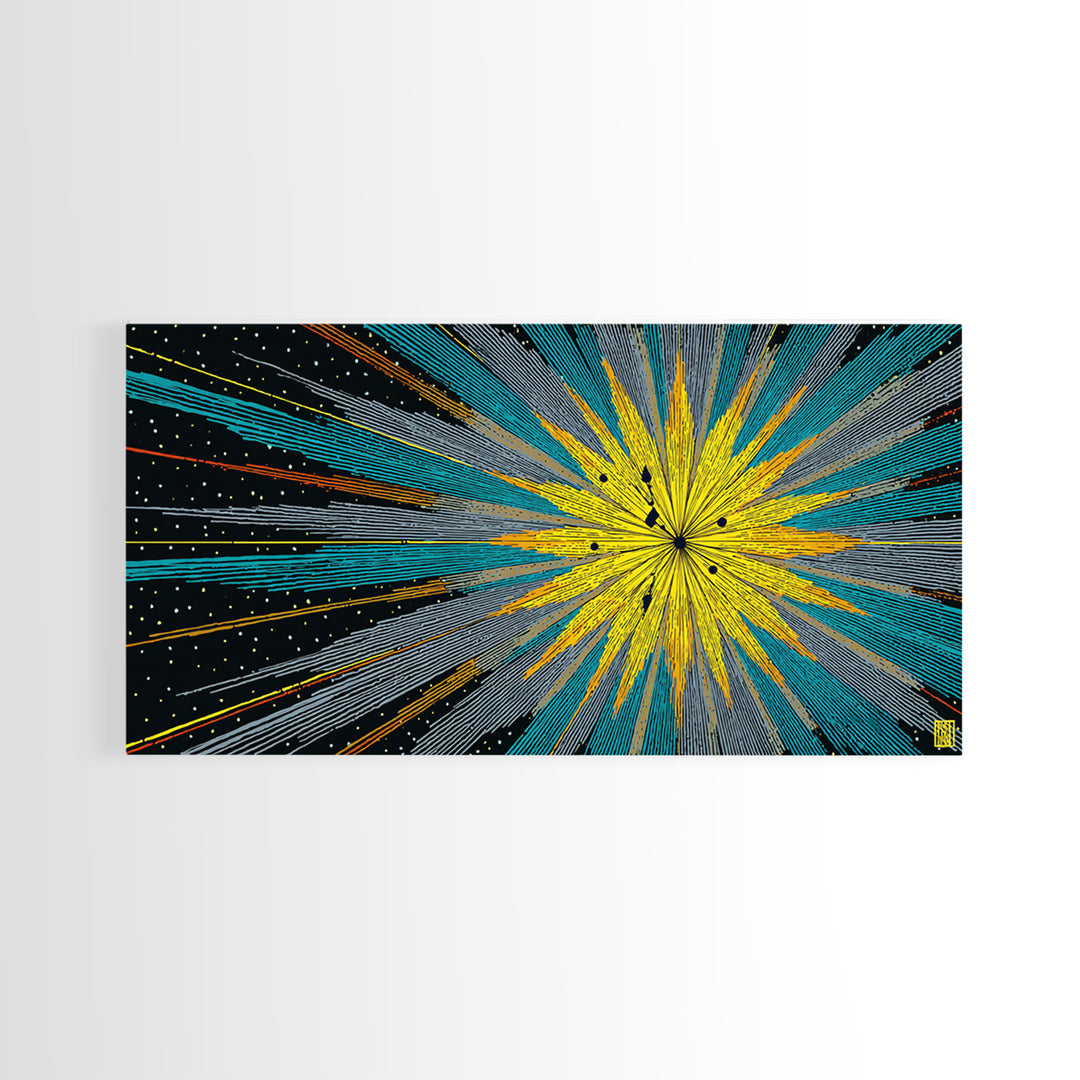 Yellow Teal Cosmic Starburst Canvas Print, Midcentury Modern Space Abstract Wall Art, Atomic Retro MCM Home Decor For Office Decor