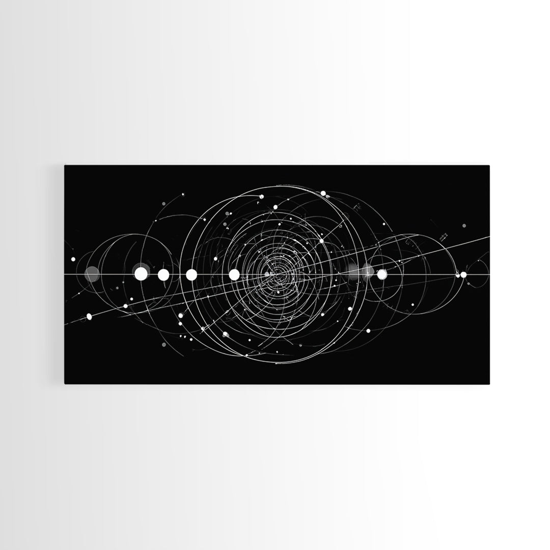 White Orbital Geometry In Black Space Wall Art, Modern Abstract Art Print, Sci Fi Decor, Geometric Wall Decor Gift For Office