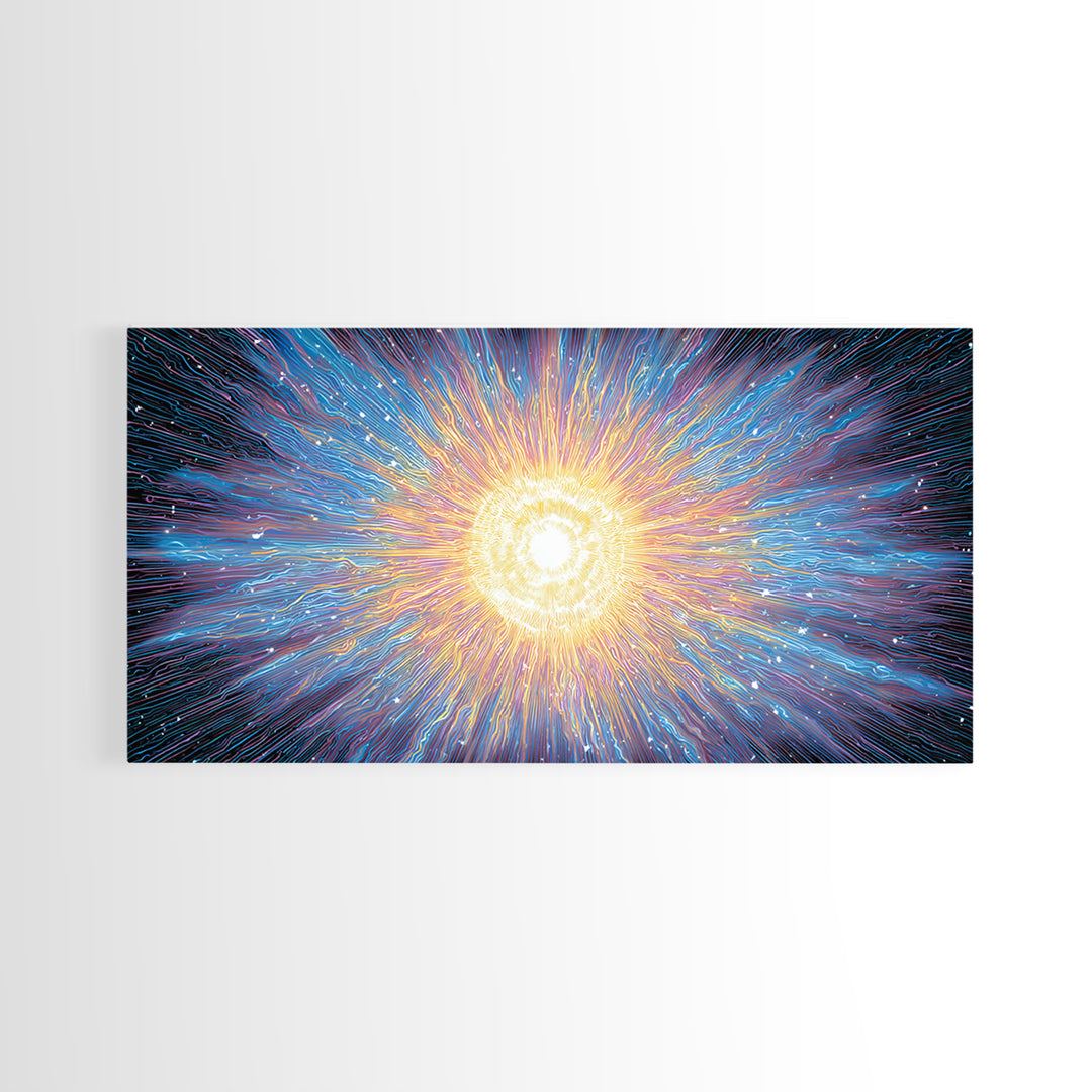 Electric Solar Burst With Rainbow Lines Canvas Print, Space Abstract Art, Modern Wall Art, Colorful Sci Fi Decor Gift Idea
