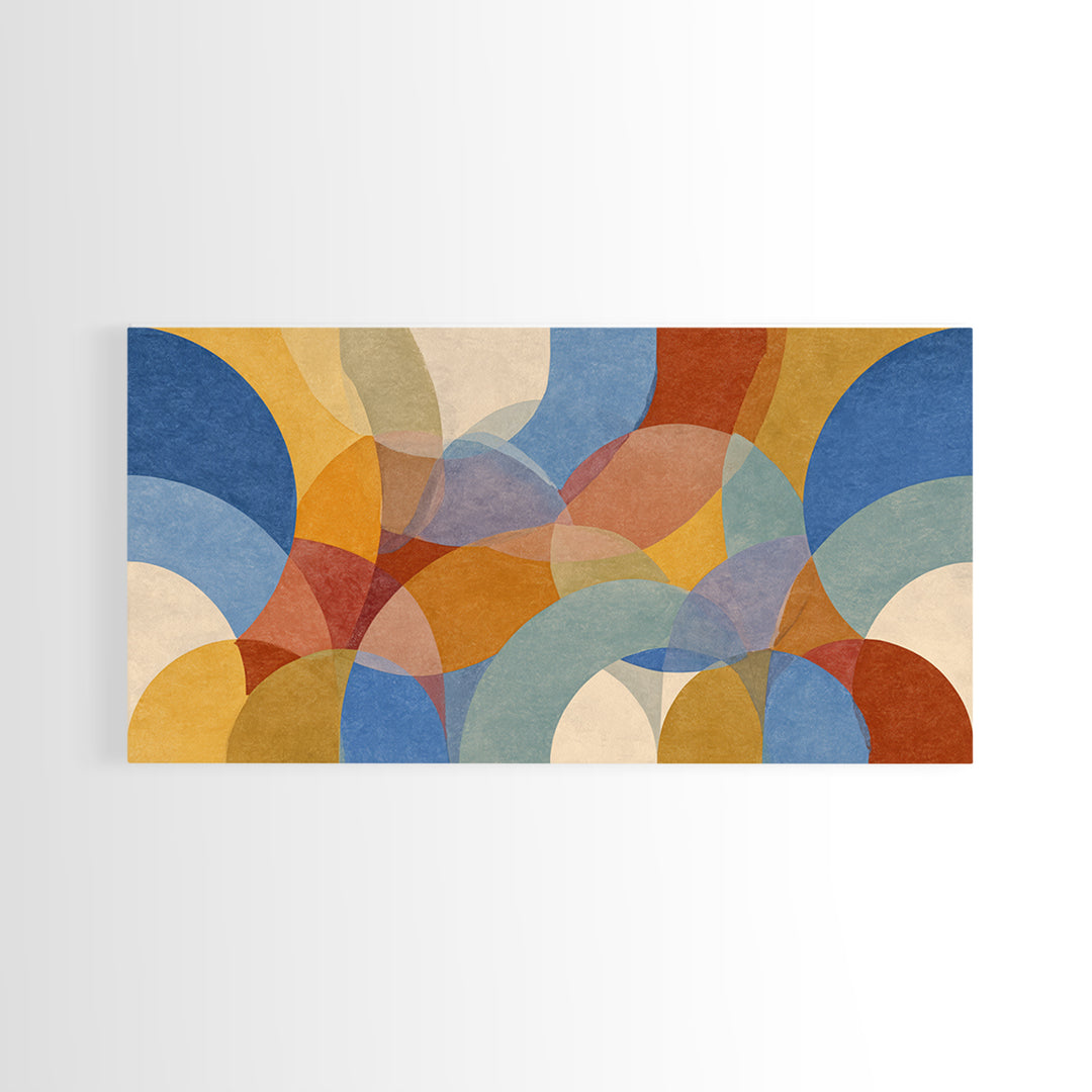 Colorful Translucent Circles And Arches Canvas Print, Midcentury Modern Abstract Art, Retro Wall Decor, Geometric Living Room Art