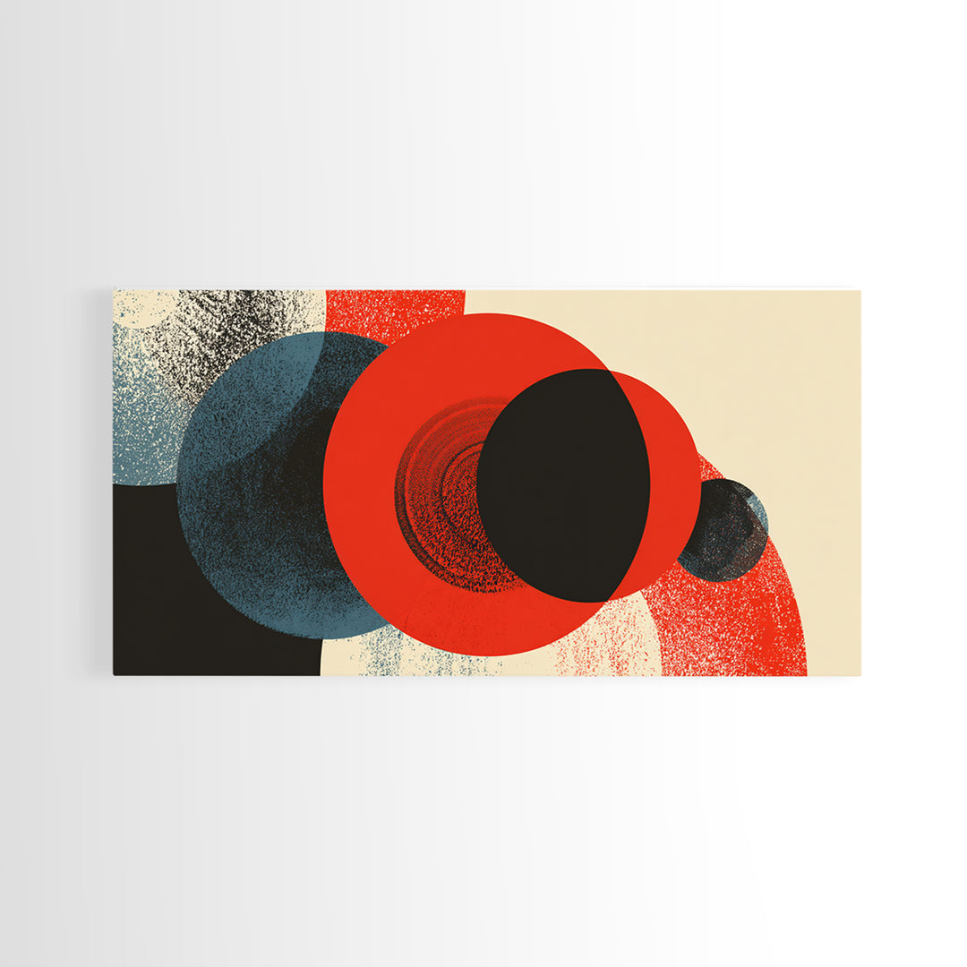 Bold Red Black And Blue Circle Collision Wall Art, Midcentury Modern Abstract Poster, Geometric MCM Decor, Large Canvas Print