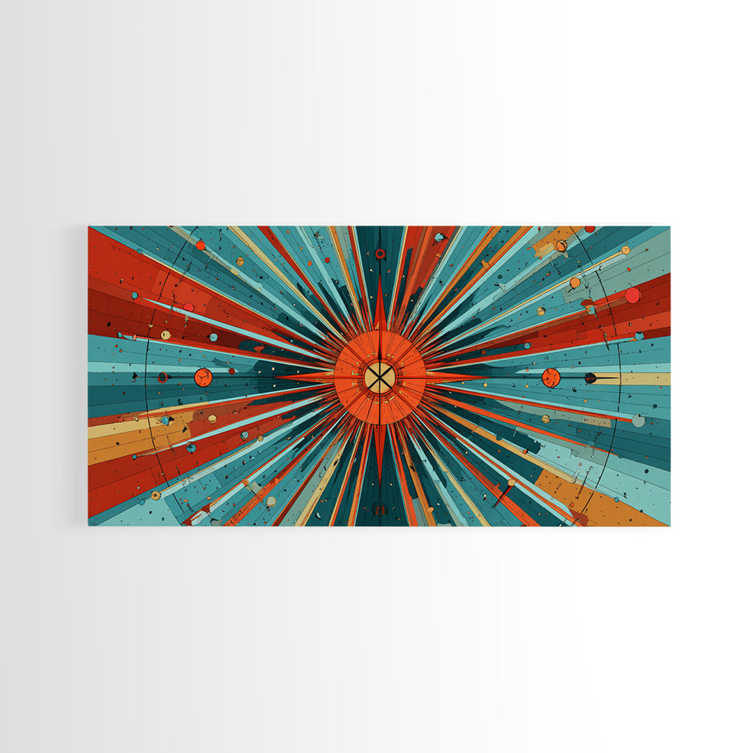 Orange Teal Cosmic Sunburst Canvas Print, Midcentury Modern Art, Retro Atomic Poster, Bold Geometric Wall Decor, 1950s Space Print