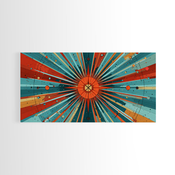 Orange Teal Cosmic Sunburst Canvas Print, Midcentury Modern Art, Retro Atomic Poster, Bold Geometric Wall Decor, 1950s Space Print