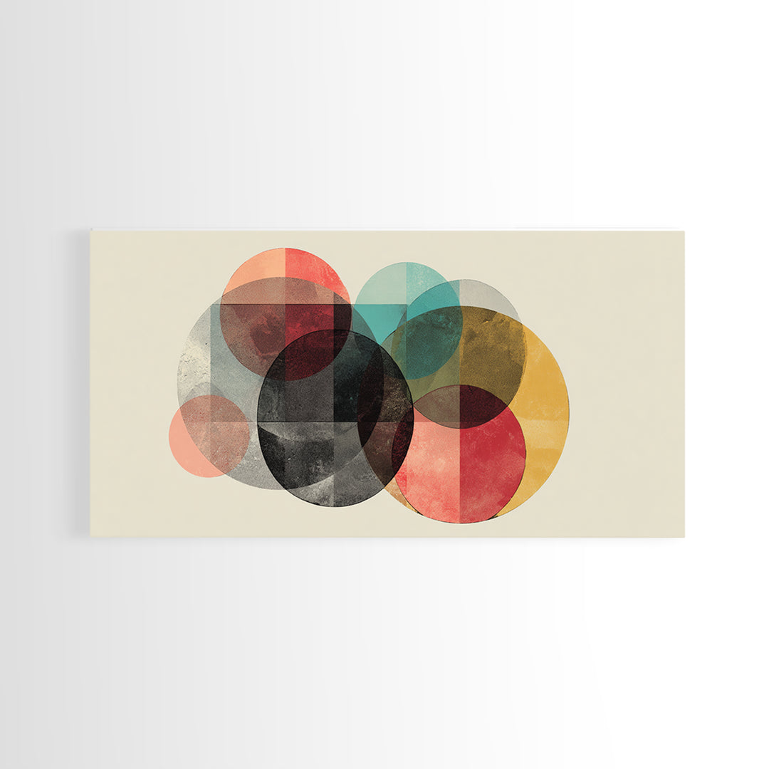 Neutral Black Red Yellow Circle Cluster Framed Canvas Print, Midcentury Modern Wall Art, Retro Geometric Poster, MCM Home Decor