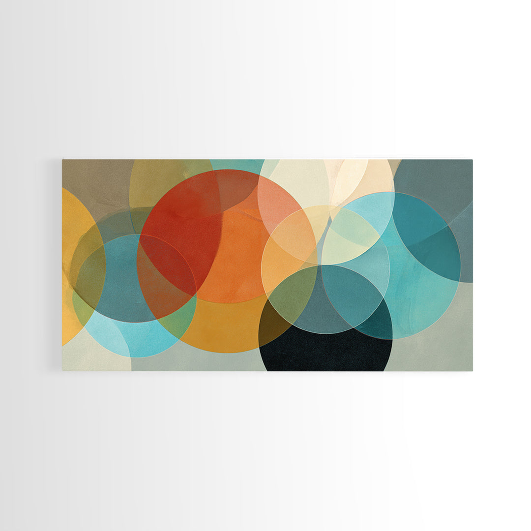Overlapping Retro Circles Abstract In Teal Orange Mustard Wall Art, Mid Century Modern Print, Geometric MCM Living Room Decor