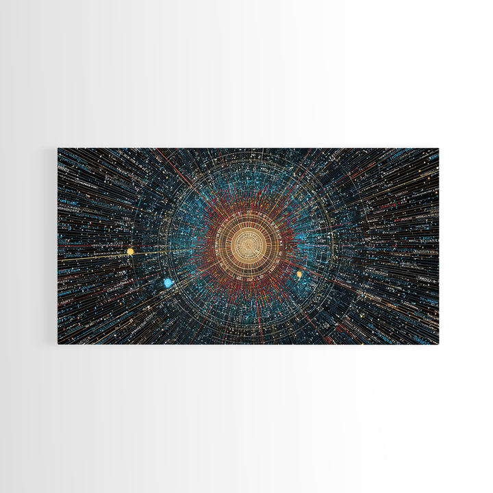 Golden Data Starburst Framed Canvas Print, Modern Abstract Art, Cosmic Geometric Wall Decor, Sci Fi Poster, Blue Orange Space Art