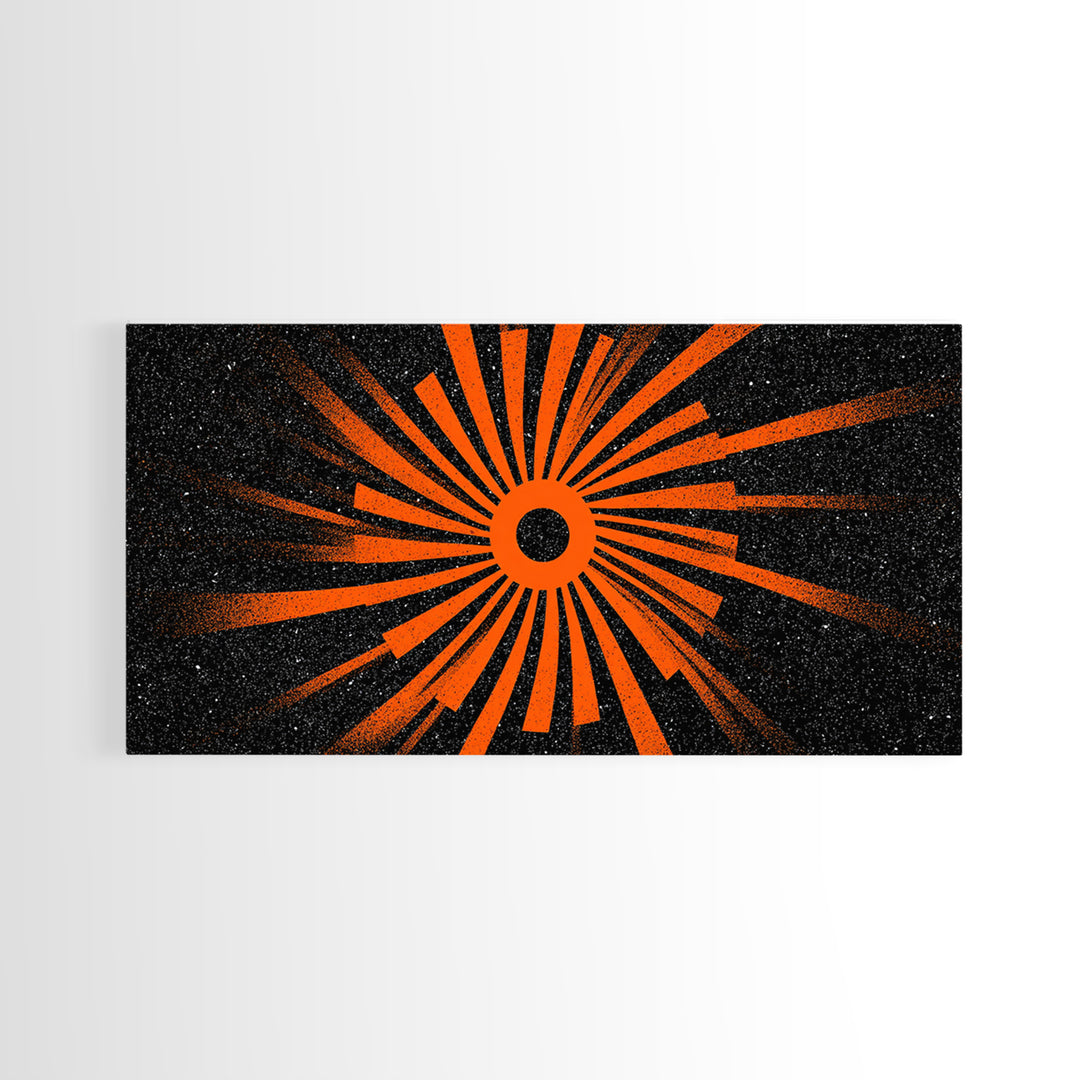 Orange Eclipse Sunburst Canvas Print, Retro Space Abstract Art, Midcentury Modern Wall Decor, Black Atomic Poster For Living Room