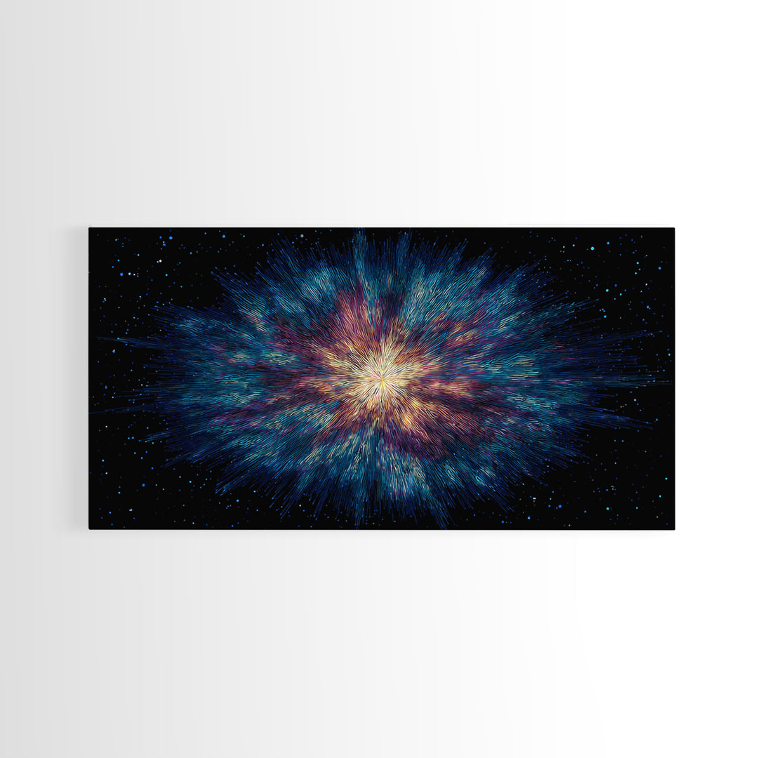 Luminous Nebula Starburst Framed Canvas Print, Cosmic Abstract Wall Art, Modern Galaxy Poster, Blue Purple Bedroom Decor