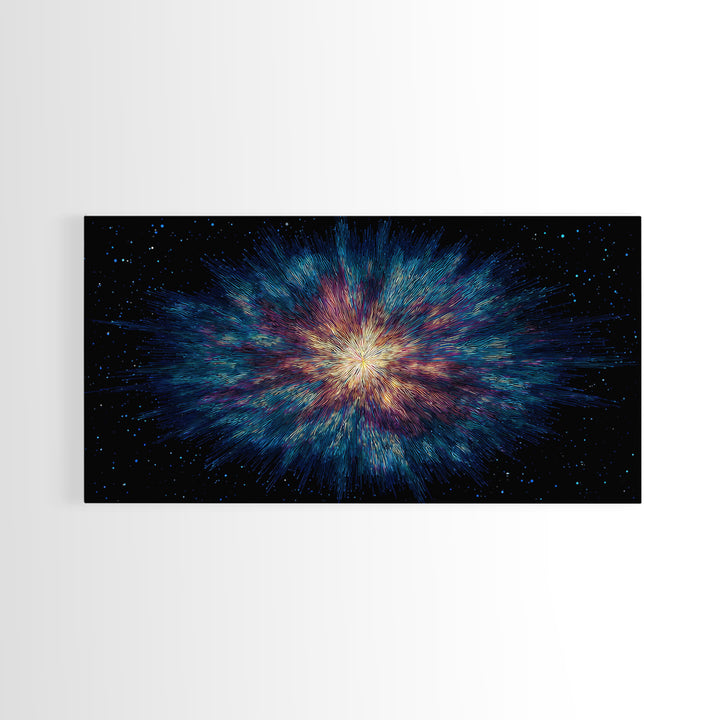 Luminous Nebula Starburst Framed Canvas Print, Cosmic Abstract Wall Art, Modern Galaxy Poster, Blue Purple Bedroom Decor