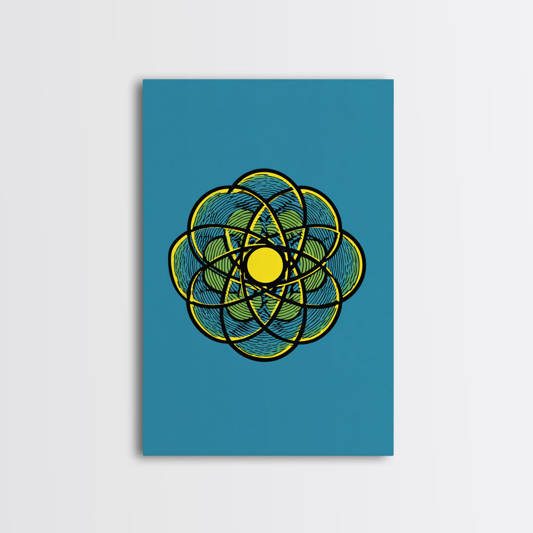 Colorful Atomic Flower Symbol On Blue Canvas Print, Midcentury Modern Wall Decor, Geometric Art Print, Retro Space Poster