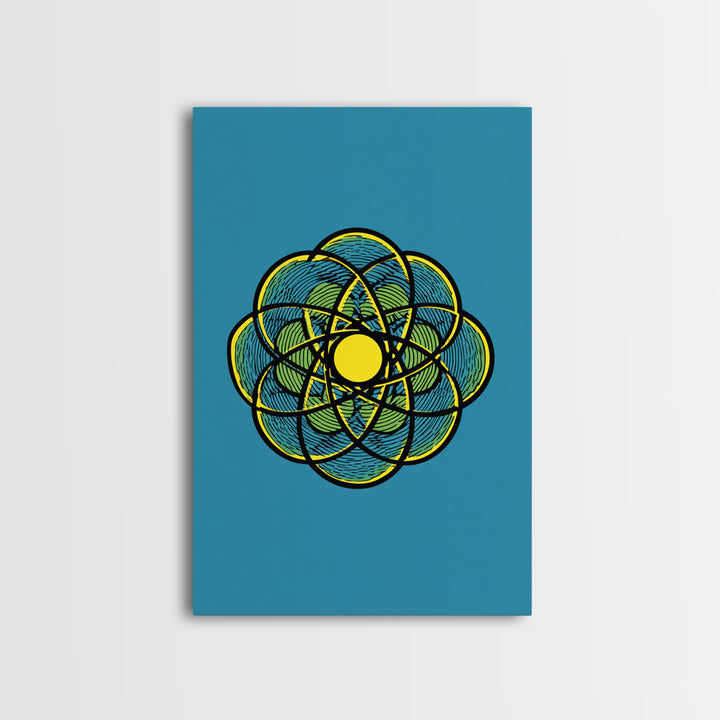 Colorful Atomic Flower Symbol On Blue Canvas Print, Midcentury Modern Wall Decor, Geometric Art Print, Retro Space Poster