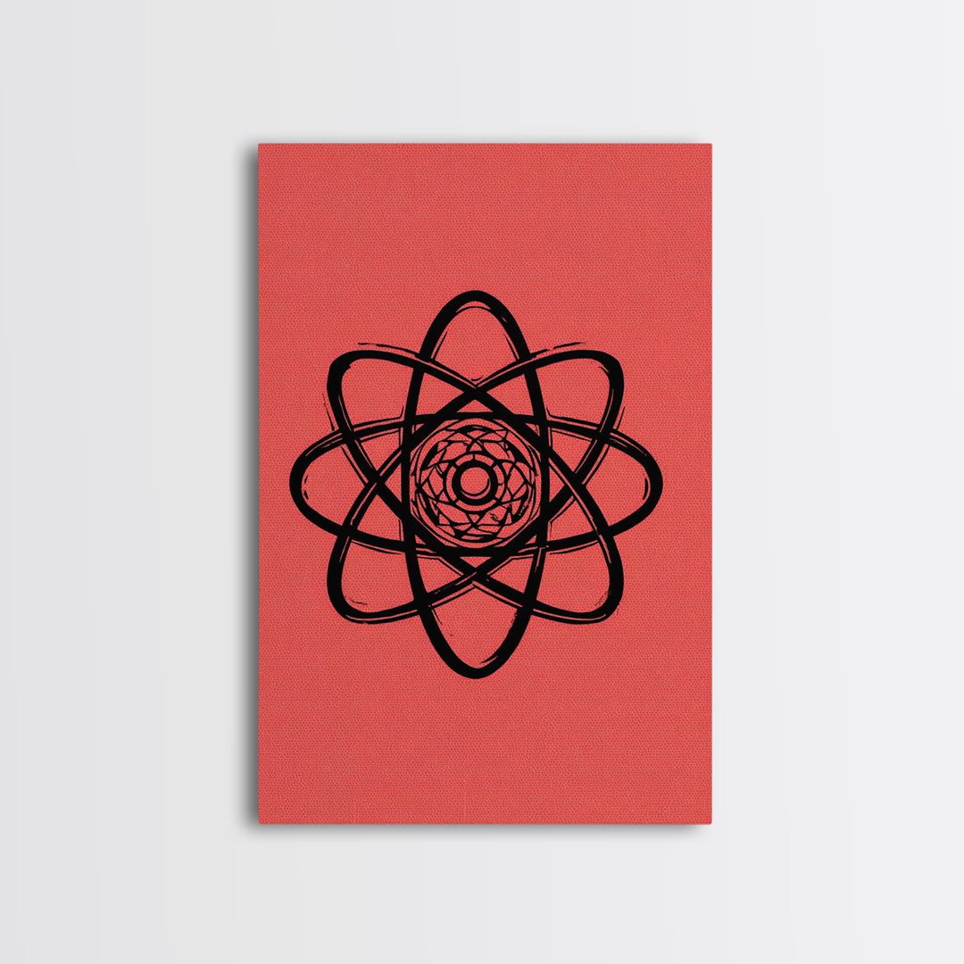 Black Atomic Symbol On Red Canvas Print, Midcentury Modern Wall Art, Retro Science Poster, Geometric MCM Home Decor, Atomic Art Print