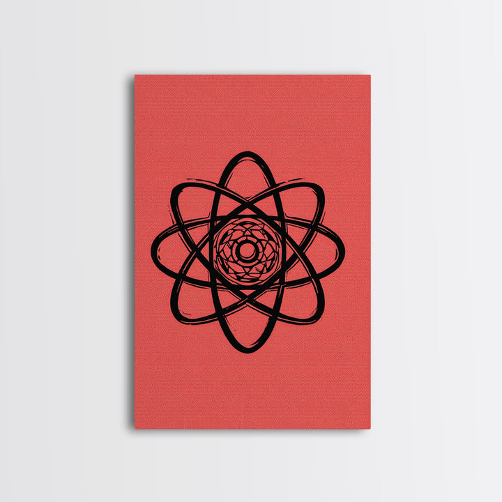 Black Atomic Symbol On Red Canvas Print, Midcentury Modern Wall Art, Retro Science Poster, Geometric MCM Home Decor, Atomic Art Print