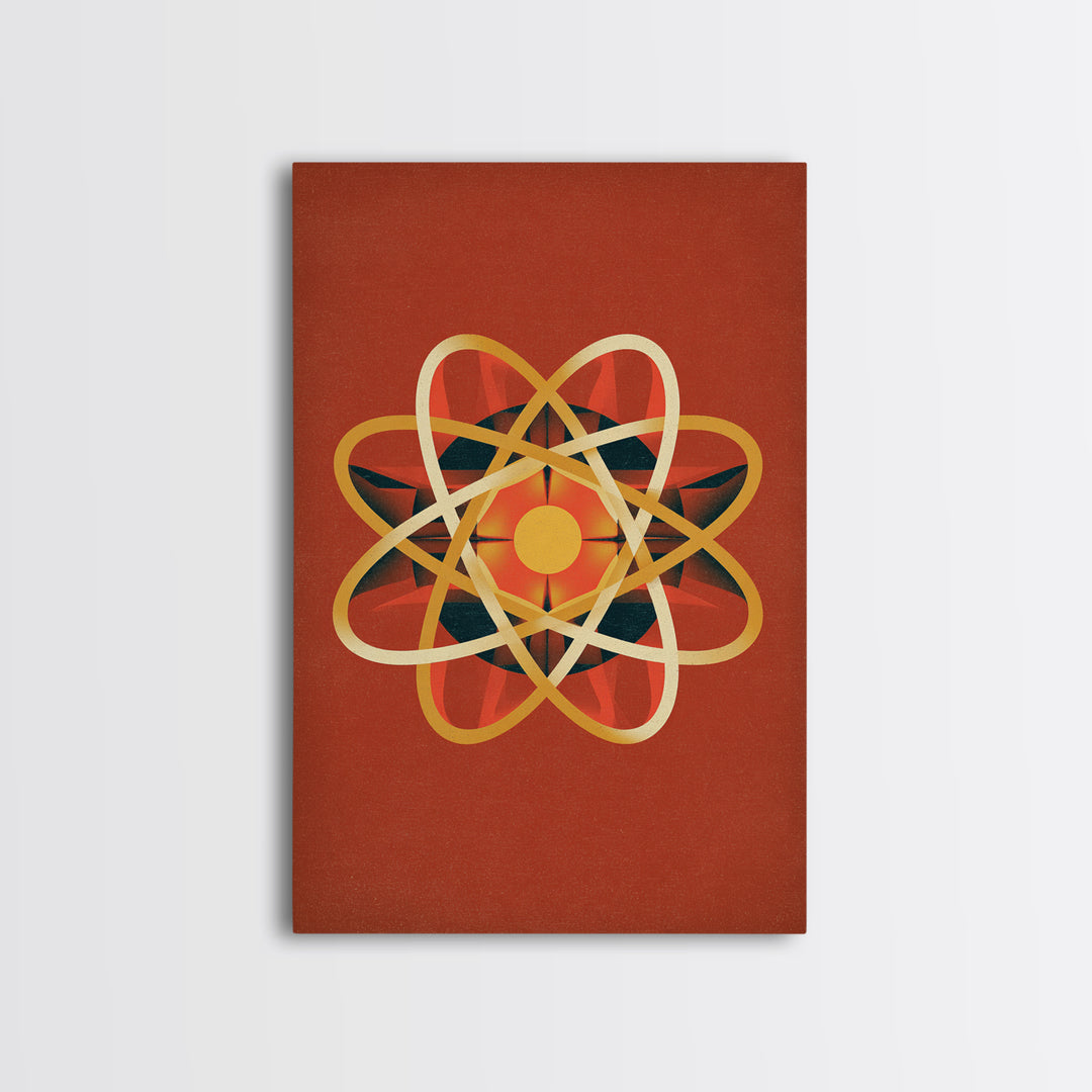 Glowing Golden Atomic Symbol Canvas Print, Midcentury Modern Wall Art, Retro Science Decor, Orange Geometric Abstract Poster