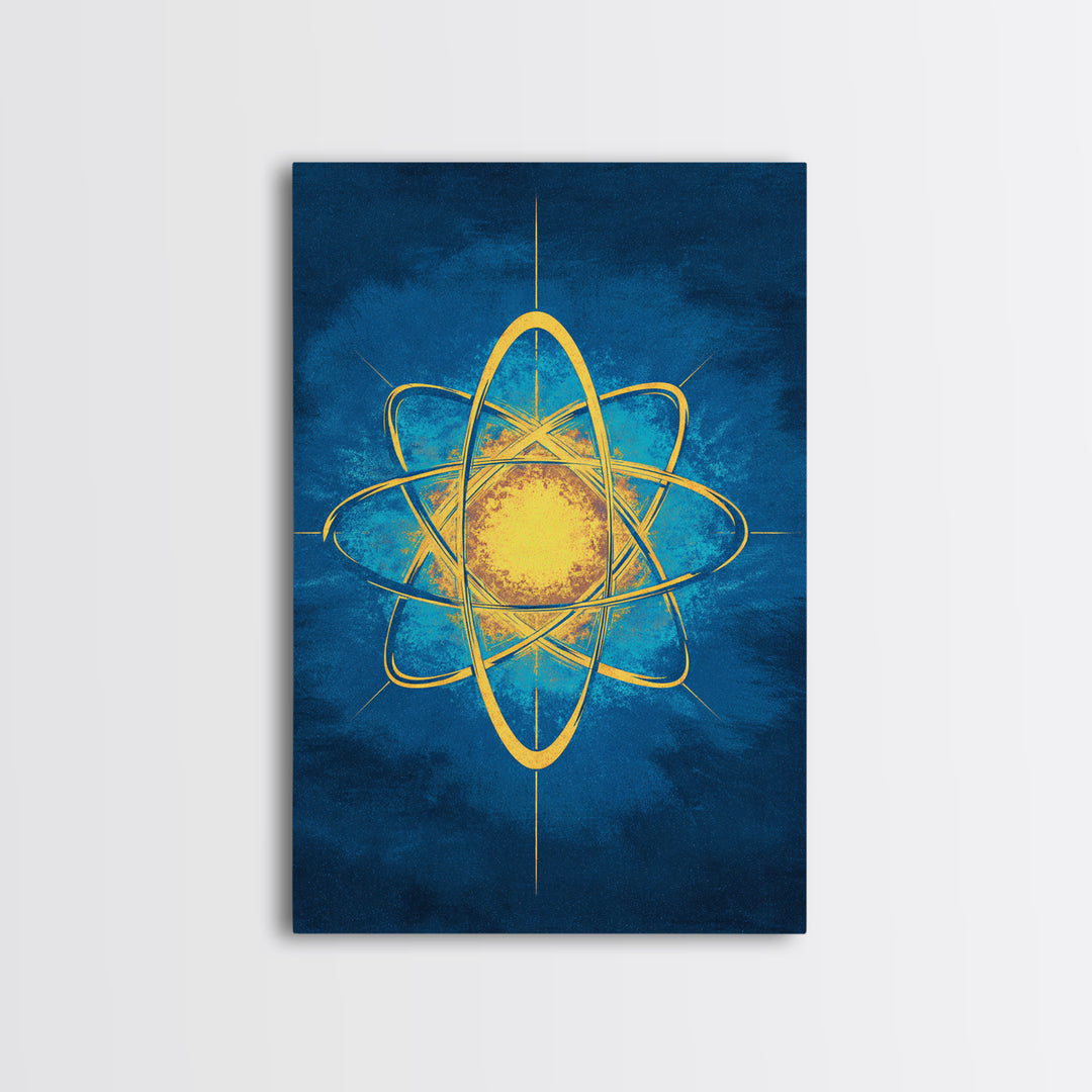 Glowing Yellow Atom On Blue Framed Canvas Print, Midcentury Modern Wall Art, Retro Science Poster, Geometric Space Decor