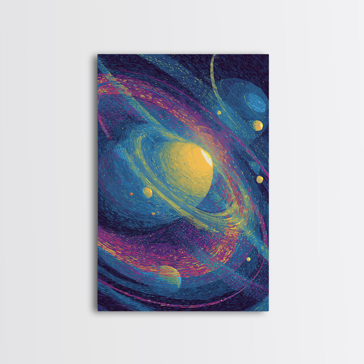 Vibrant Saturn Galaxy With Colorful Swirls Canvas Print, Cosmic Retro Wall Decor, Modern Abstract Art, Space Poster Gift