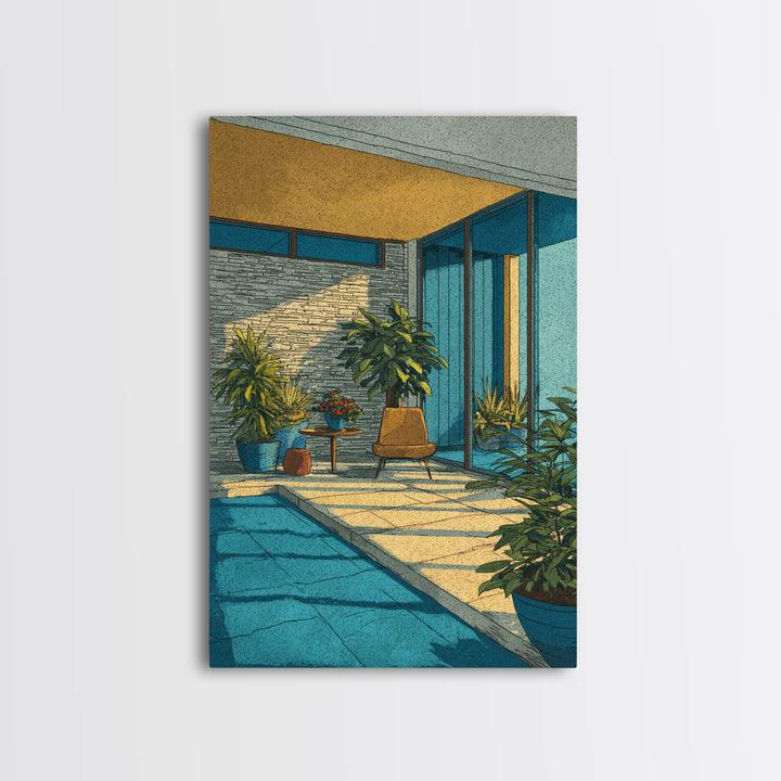 Sunlit Mid Century Patio Pool Framed Canvas Print, Modern Architecture Wall Art, Palm Springs Decor, MCM Home Office Decor
